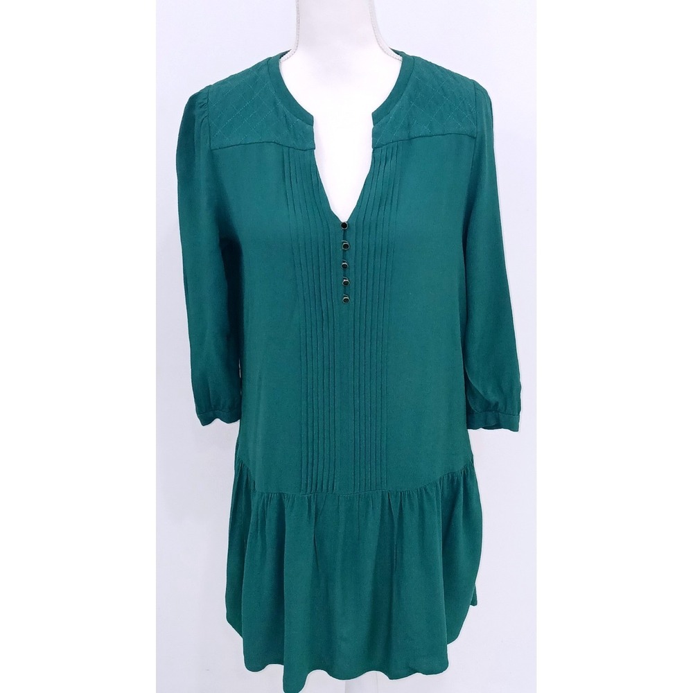 Maeve Anthropologie Green Pintuck Drop Waist Ruffle Tunic Dress Small